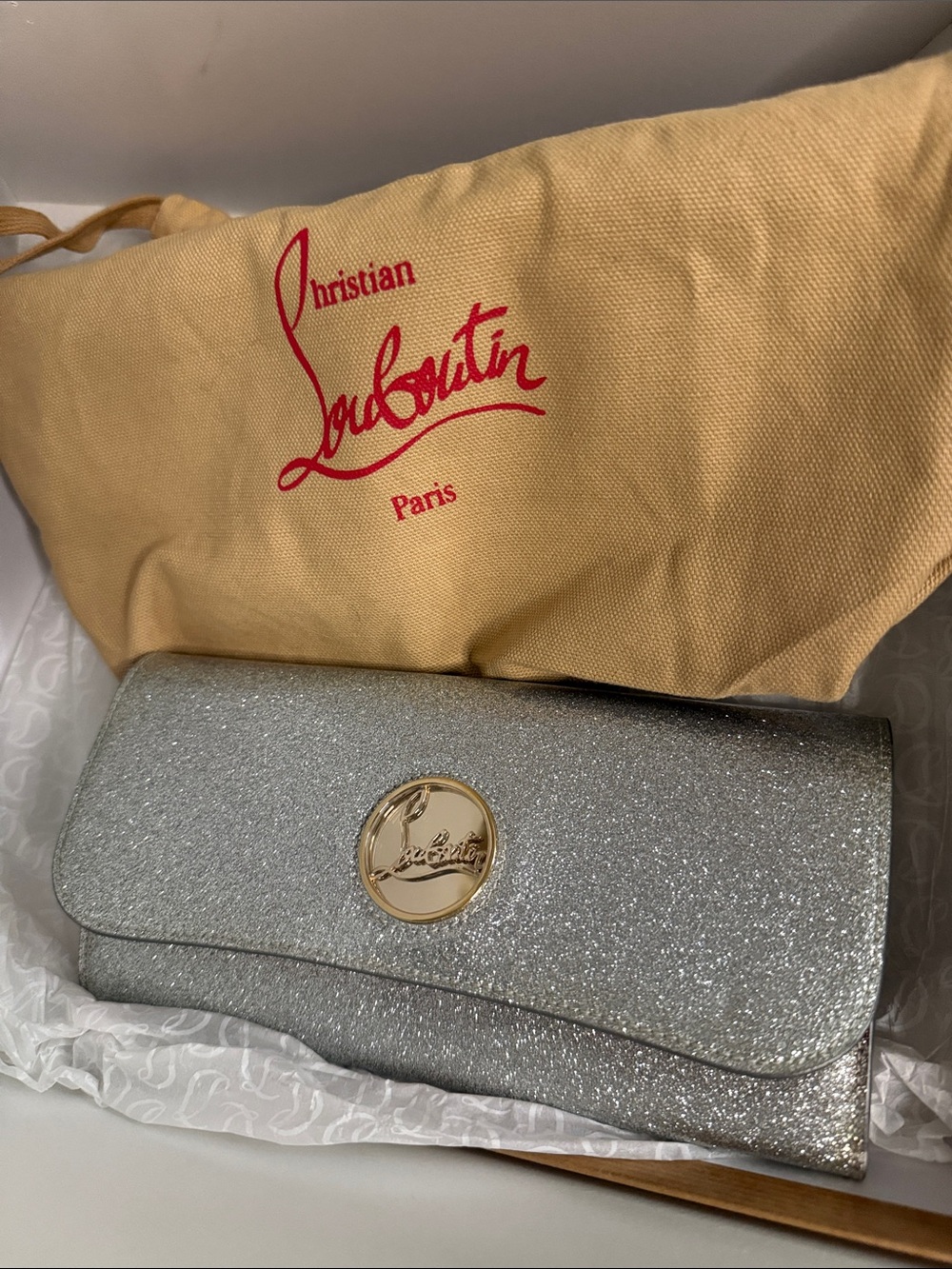 S Christian Louboutin Silver Patent Leather Glitter Riviera Clutch